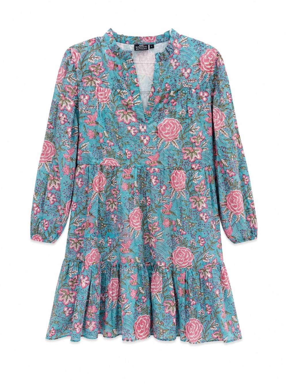 Women’s Floral Tiered V-Neck Dress in Turquoise and Pink